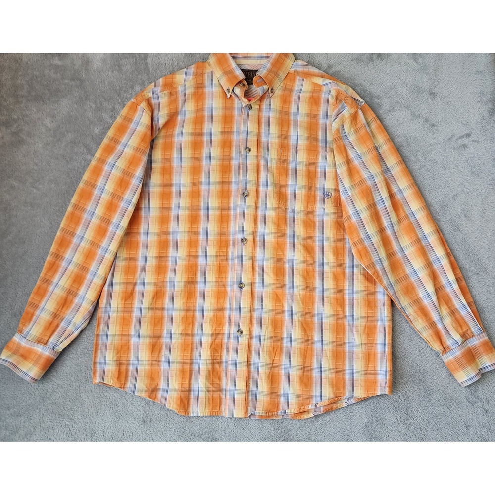 Ariat Shirt Mens Medium Orange Blue Plaid Button Down Long Sleeve Vented Mesh